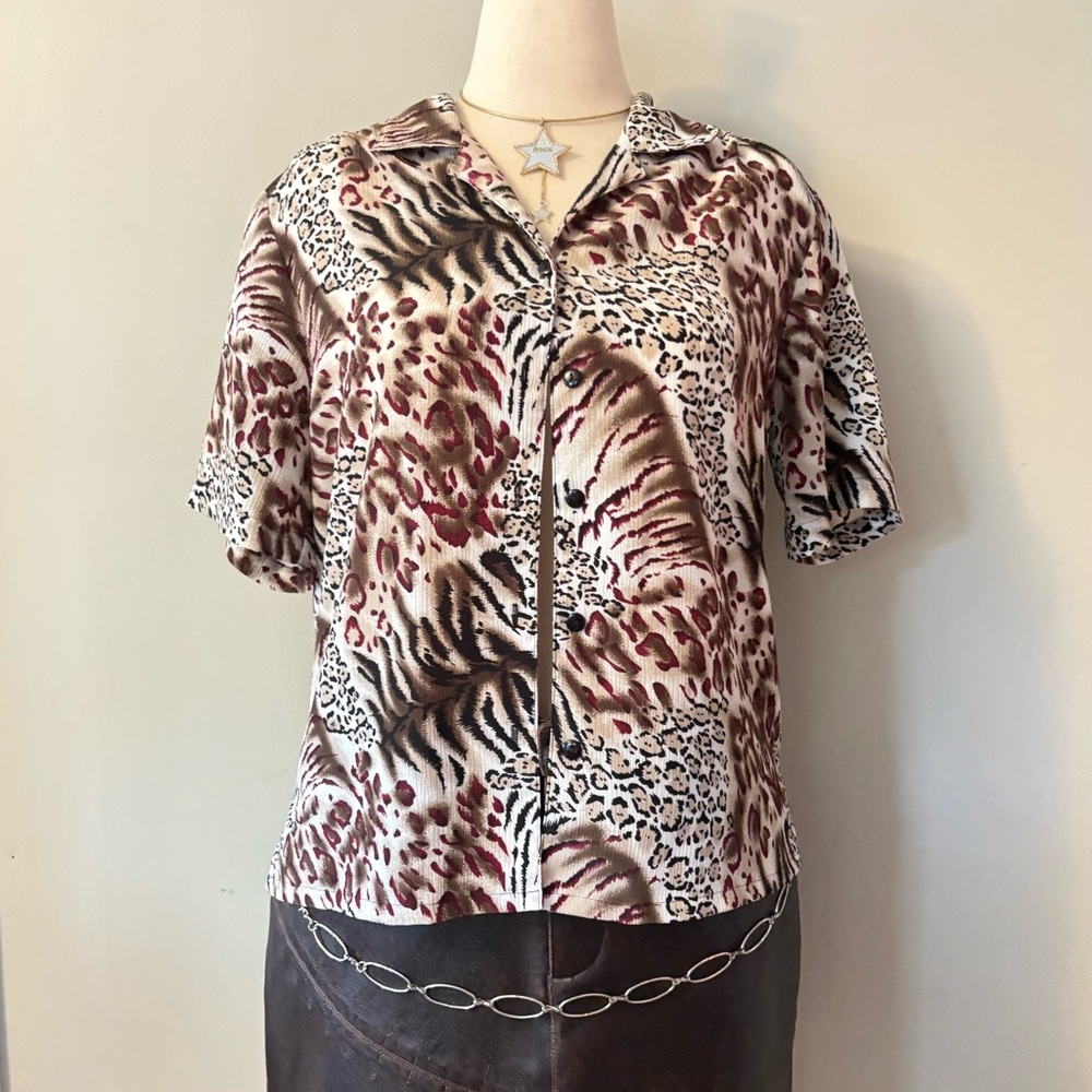 Brown Mixed Animal Print Button-Up Blouse